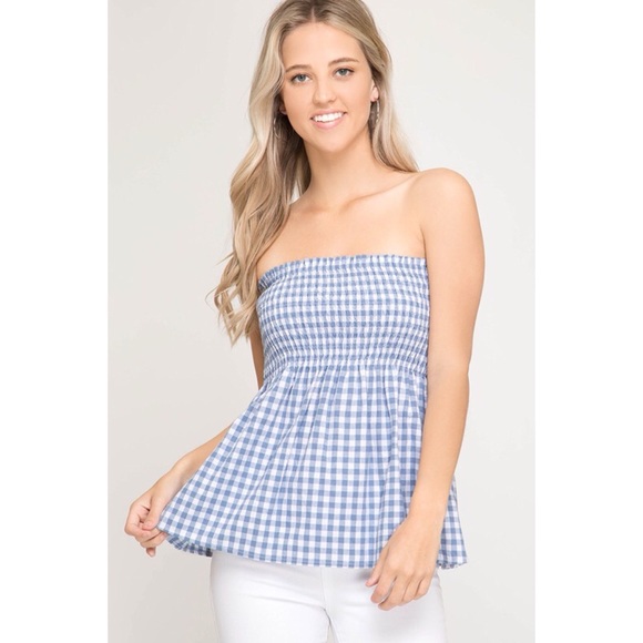 Hannah Beury Tops - Blue Gingham Print Top